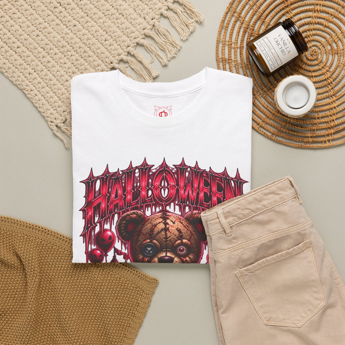 Playtime Is Over Creepy Teddy Bear T-Shirt in White — folded view