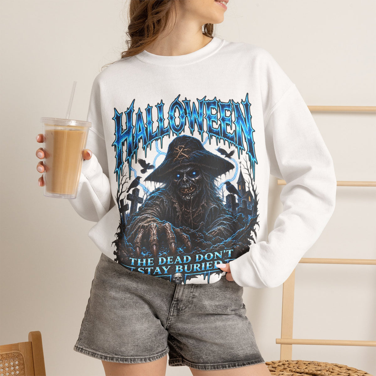 Never Buried Scarecrow Sweatshirt in White — model view