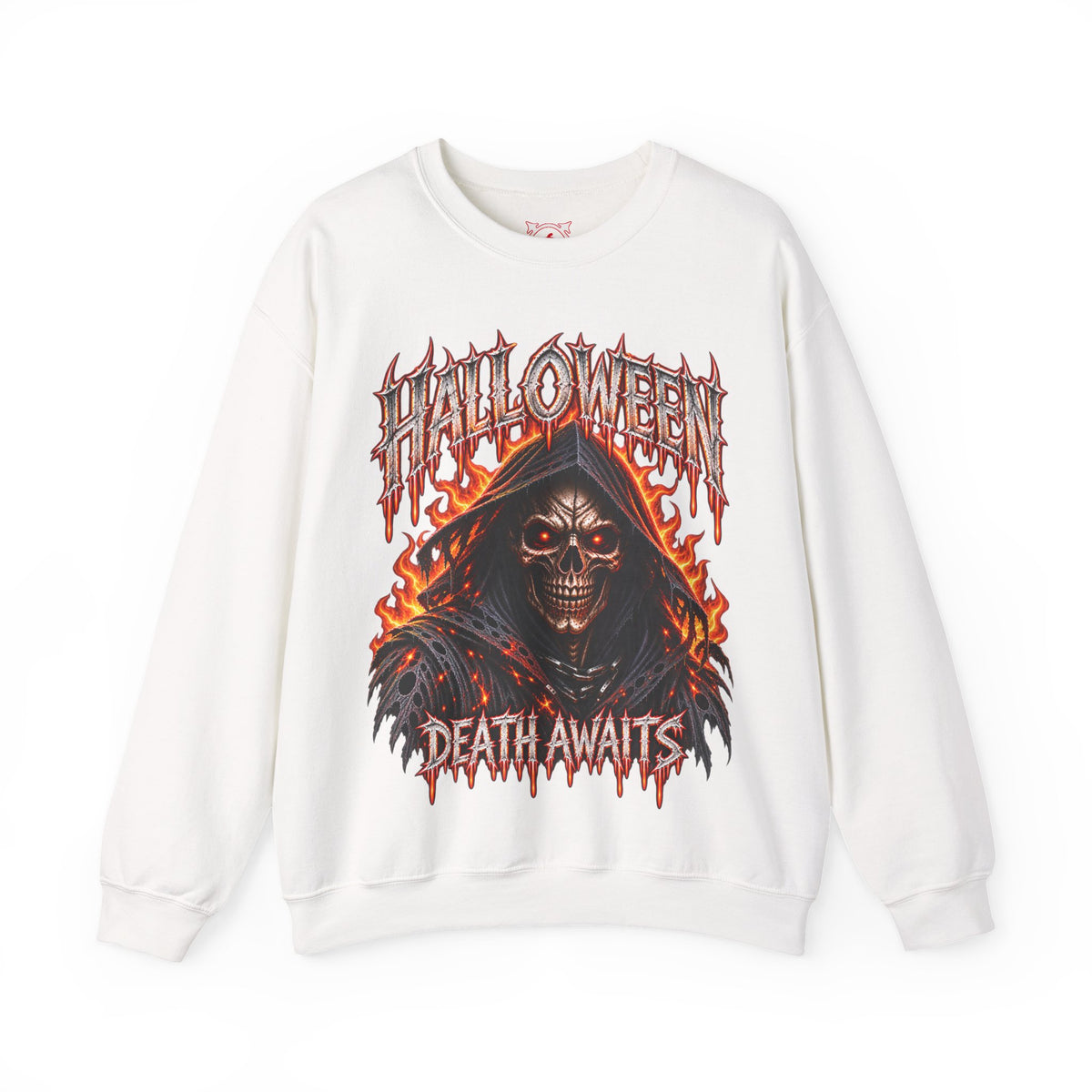 Death Awaits Grim Reaper Sweatshirt in White — front view