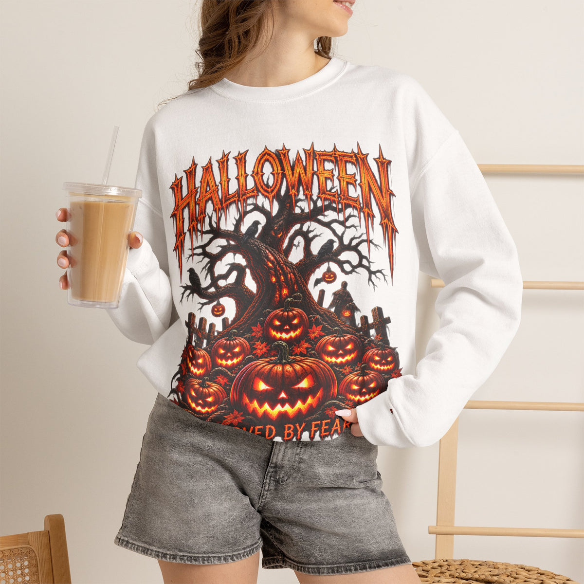 Carved by Fear Pumpkin Sweatshirt in White — model view