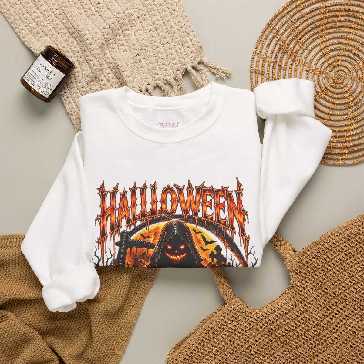 Time Is Running Out Grim Reaper Sweatshirt in White — folded view