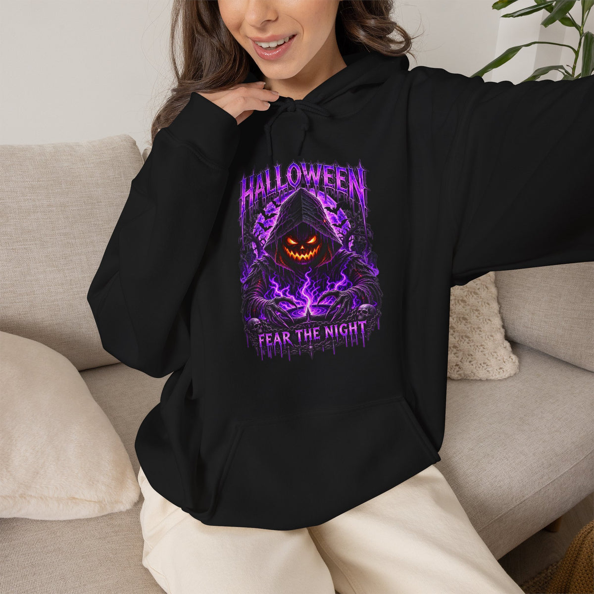 Fear the Night Pumpkin Hoodie in Black — model view