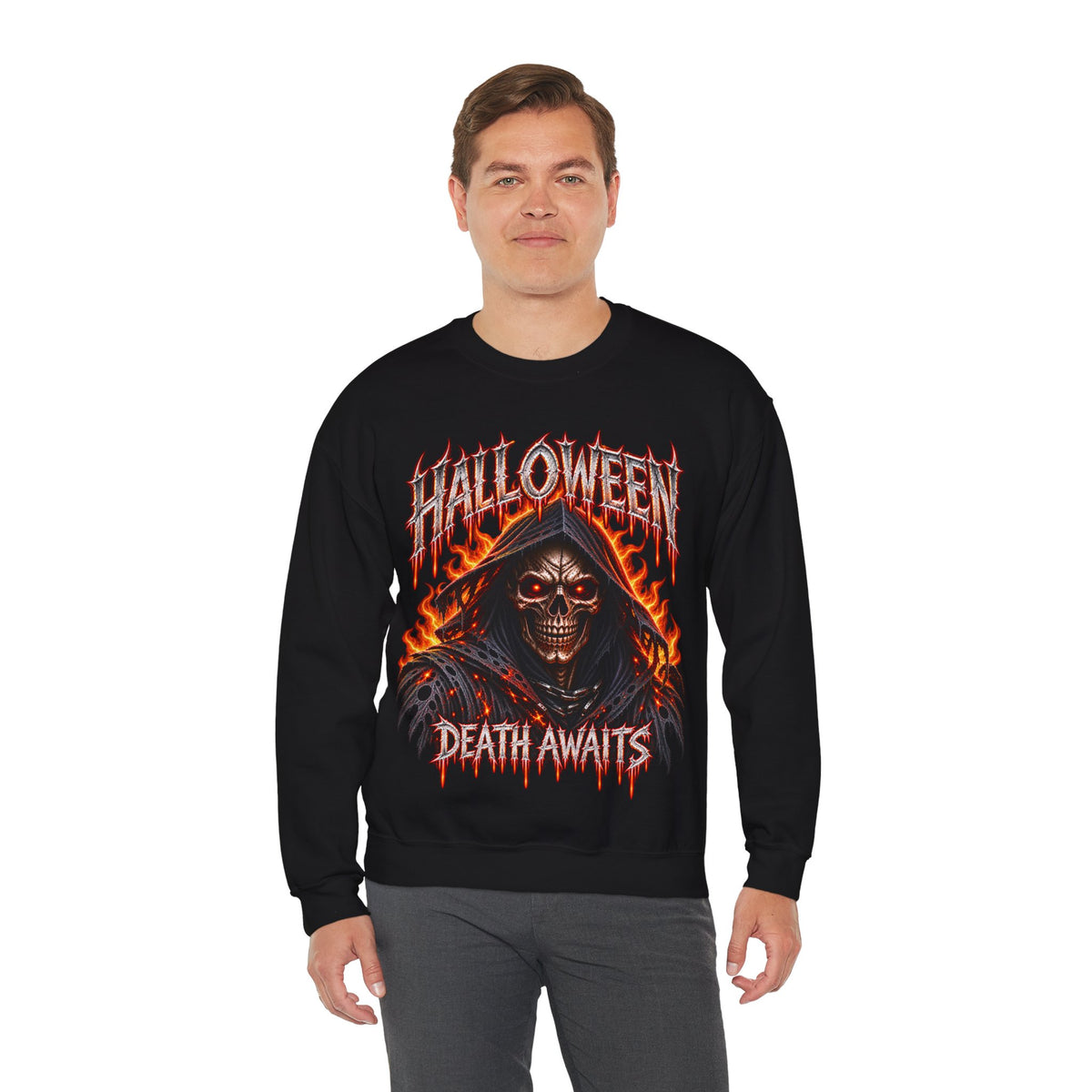 Death Awaits Grim Reaper Sweatshirt in Black — model view