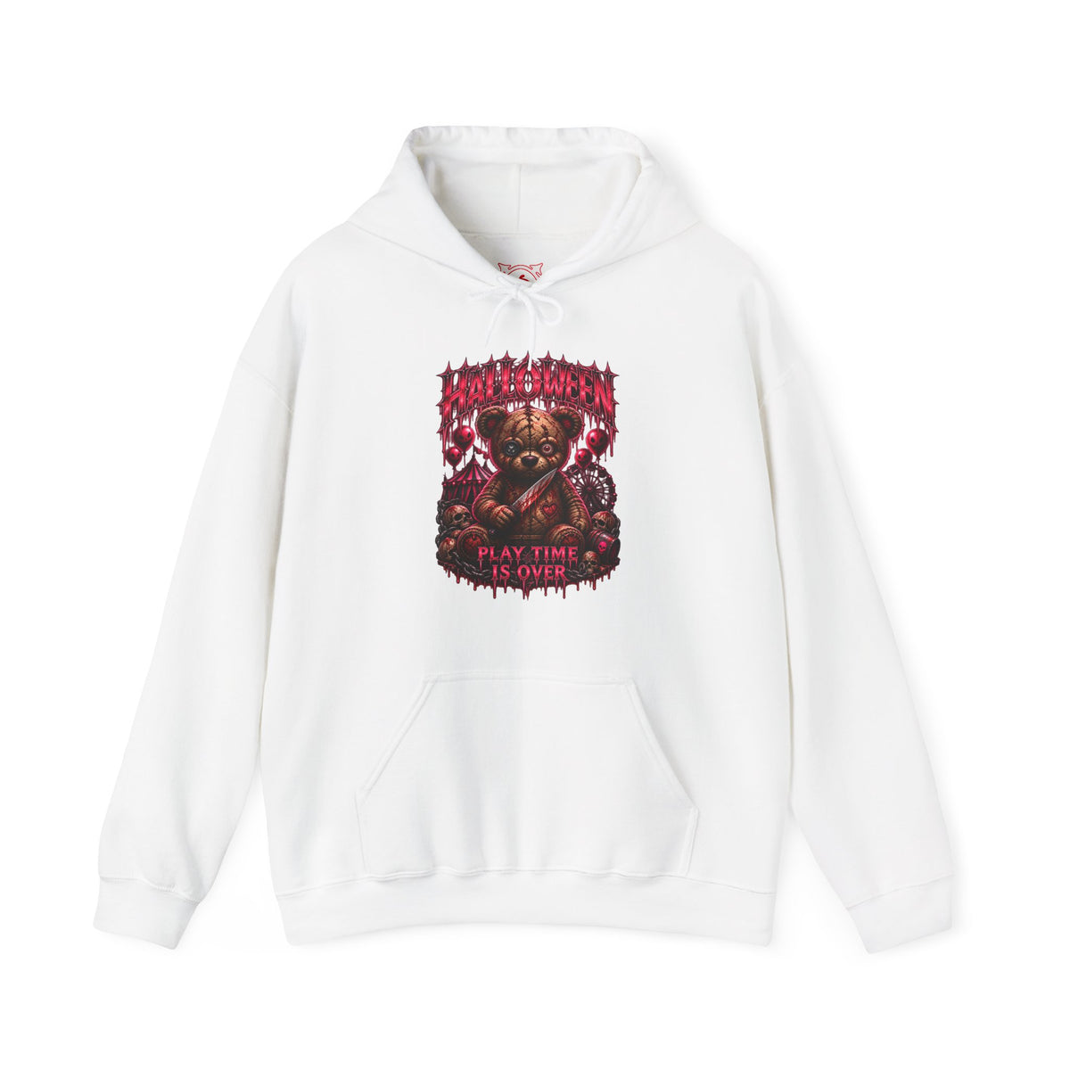Playtime Is Over Creepy Teddy Bear Hoodie in White — front view