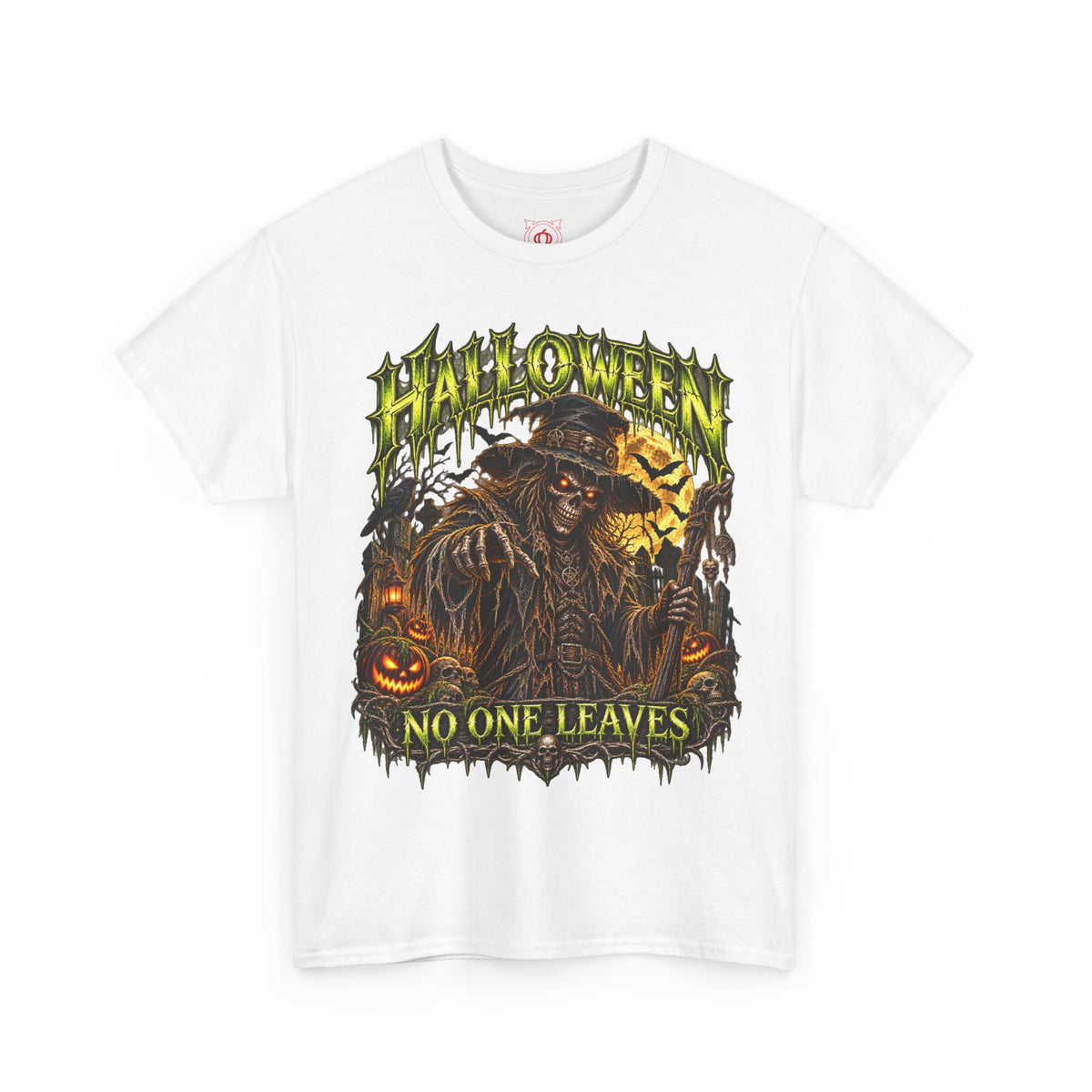 No One Leaves Scarecrow T-Shirt in White — front view