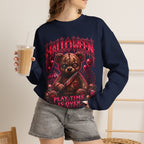 Playtime Is Over Creepy Teddy Bear Sweatshirt in Navy — model view