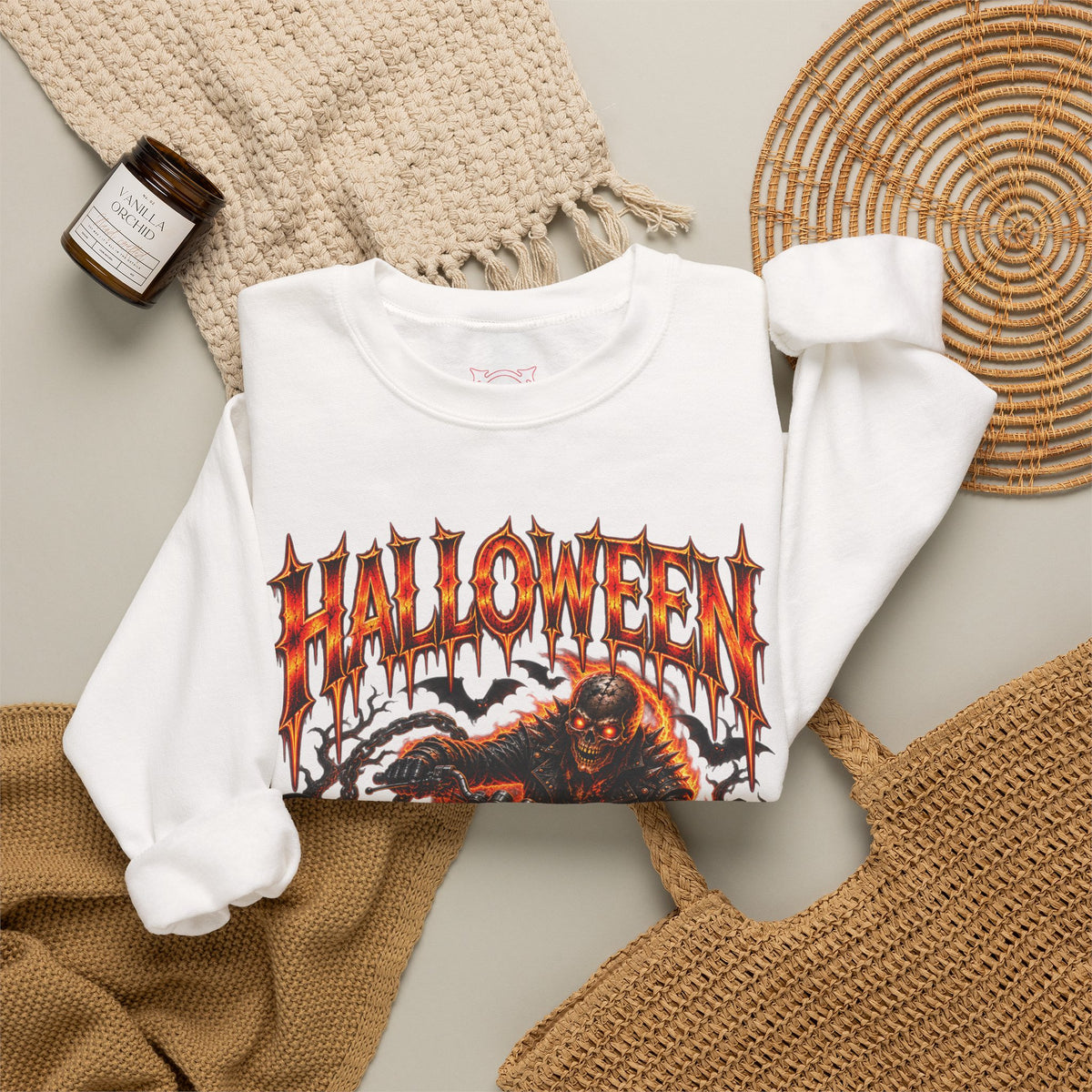 Ride or Die Skeleton Biker Sweatshirt in White — folded view