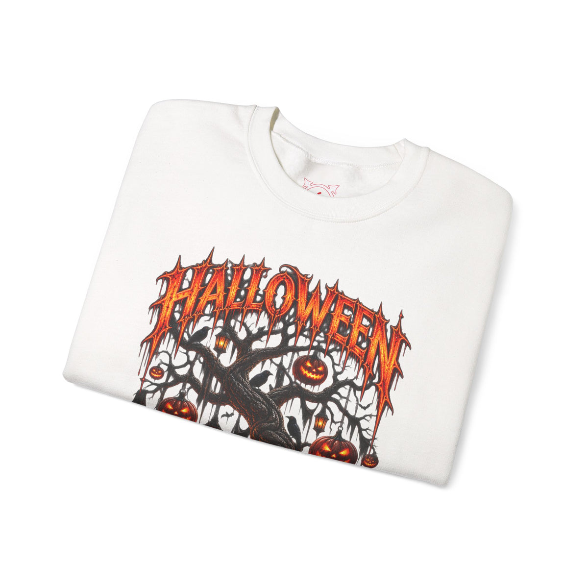 Darkness Grows Pumpkin Tree Sweatshirt in White — folded view