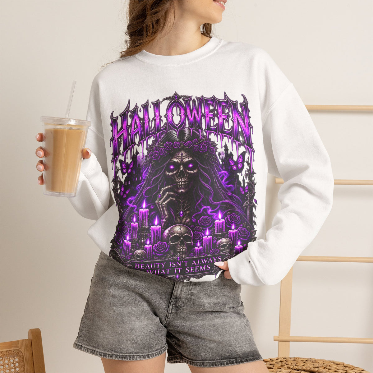 Beautiful Deception Skeleton Sweatshirt in White — model view
