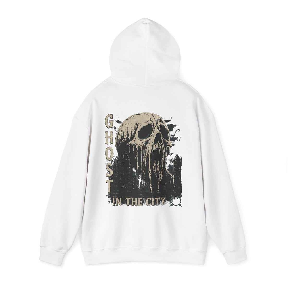 Ghost in the City Skull Hoodie in White — back view