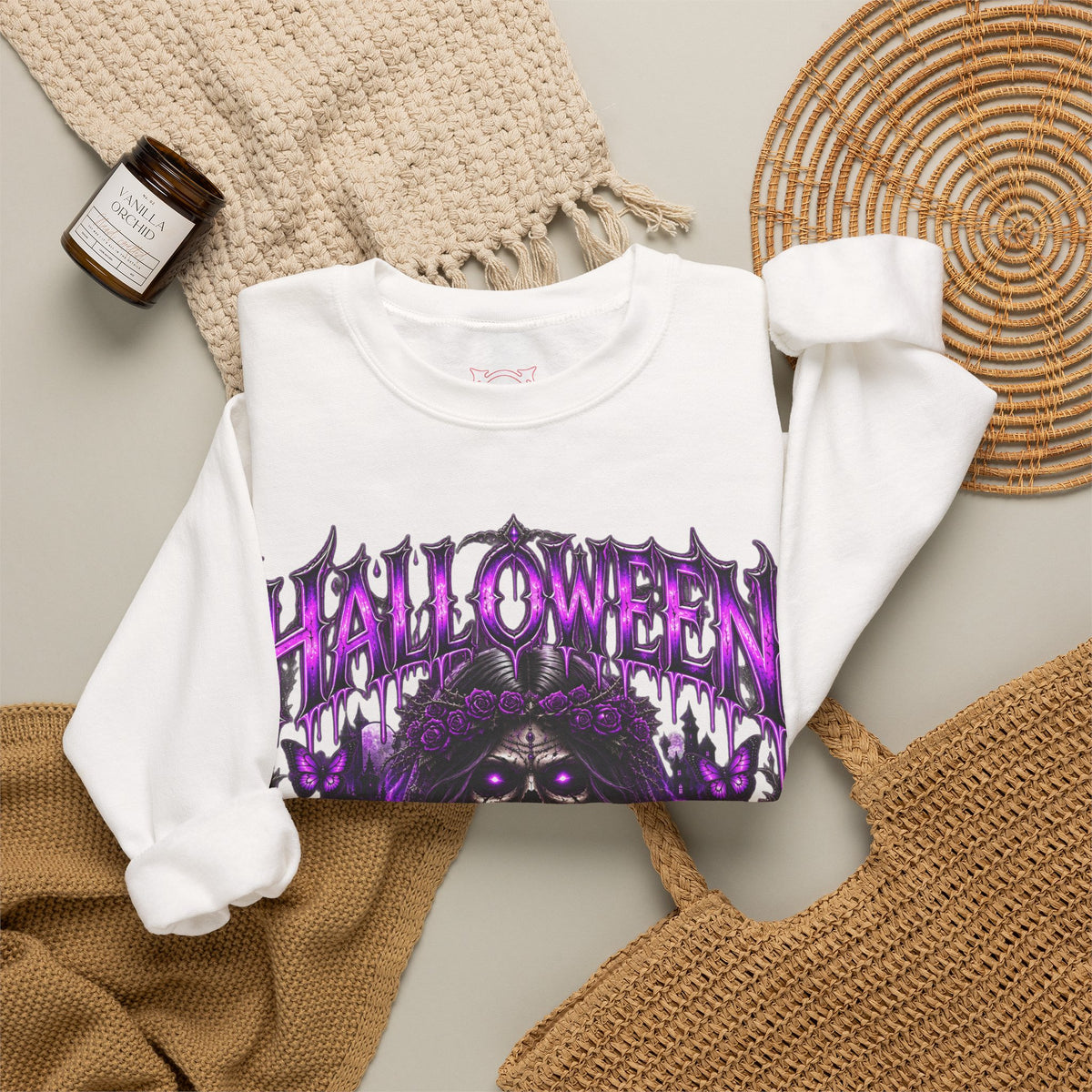 Beautiful Deception Skeleton Sweatshirt in White — folded view