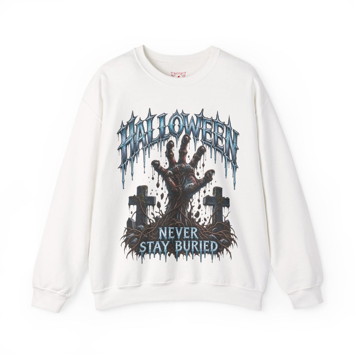 Never Stay Buried Zombie Hand Sweatshirt in White — front view
