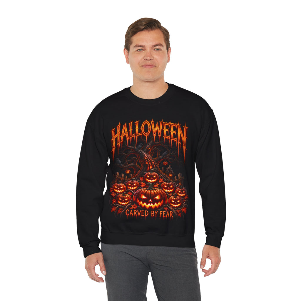 Carved by Fear Pumpkin Sweatshirt in Black — model view