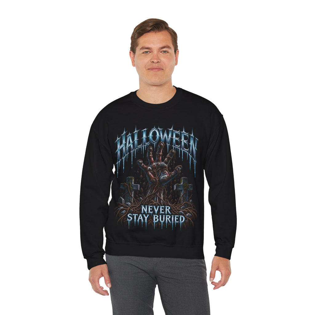 Never Stay Buried Zombie Hand Sweatshirt in Black — model view