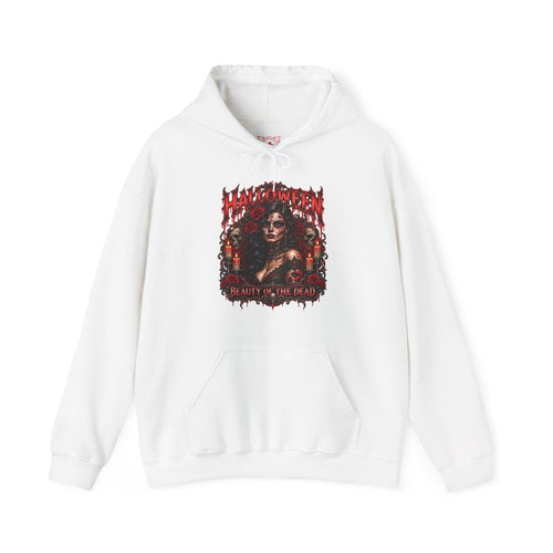 Beauty of the Dead Gothic Portrait Hoodie in White — front view
