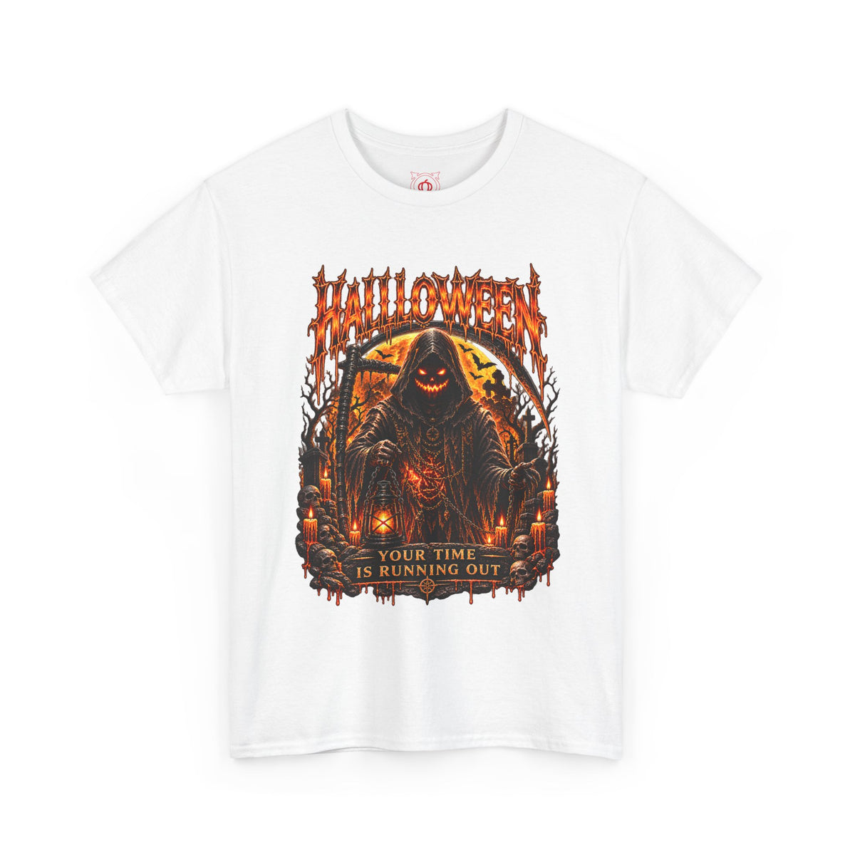 Time Is Running Out Grim Reaper T-Shirt in White — front view