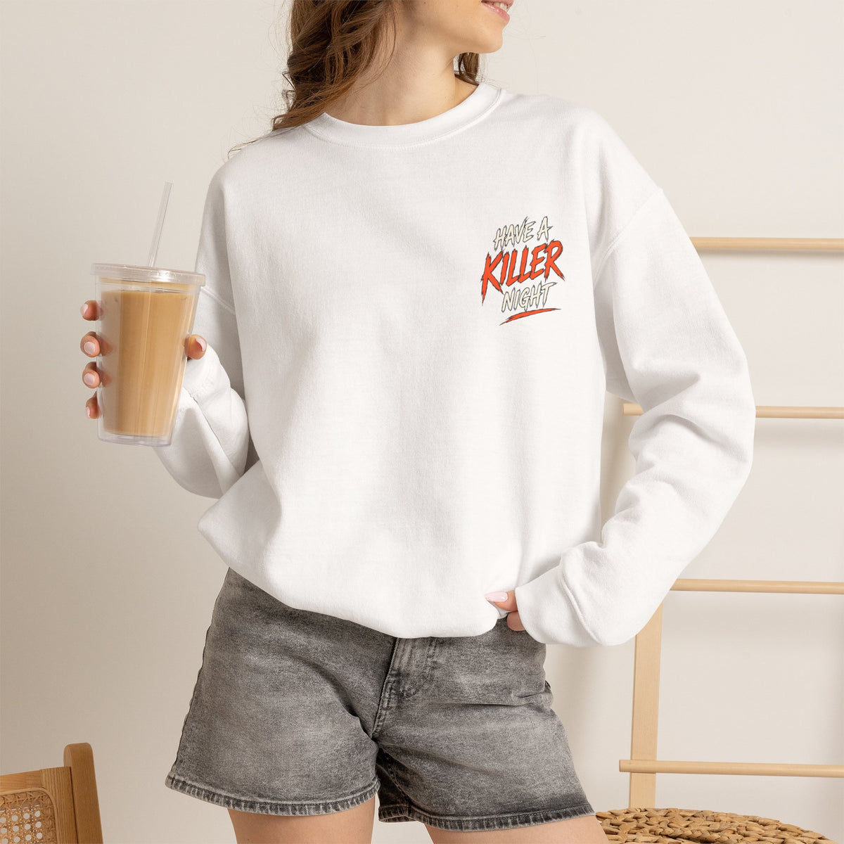 Killer Night Halloween Sweatshirt in White — model view