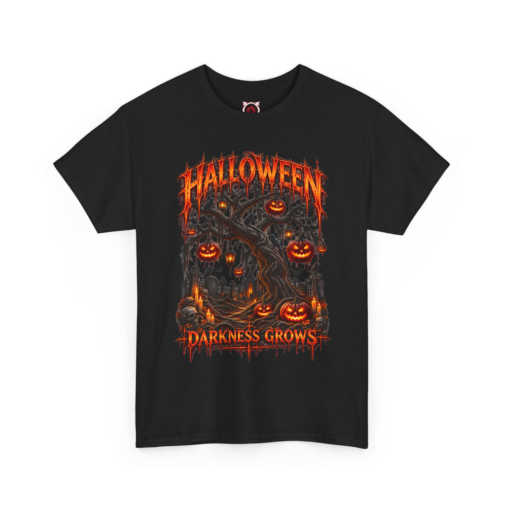 Darkness Grows Pumpkin Tree T-Shirt in Black — front view