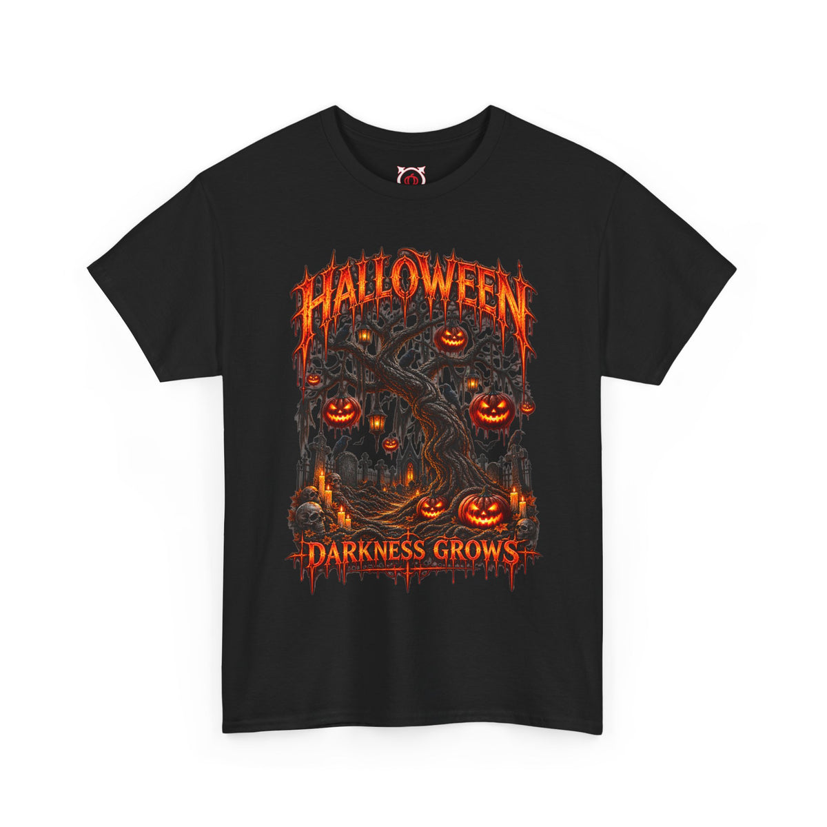 Darkness Grows Pumpkin Tree T-Shirt in Black — front view