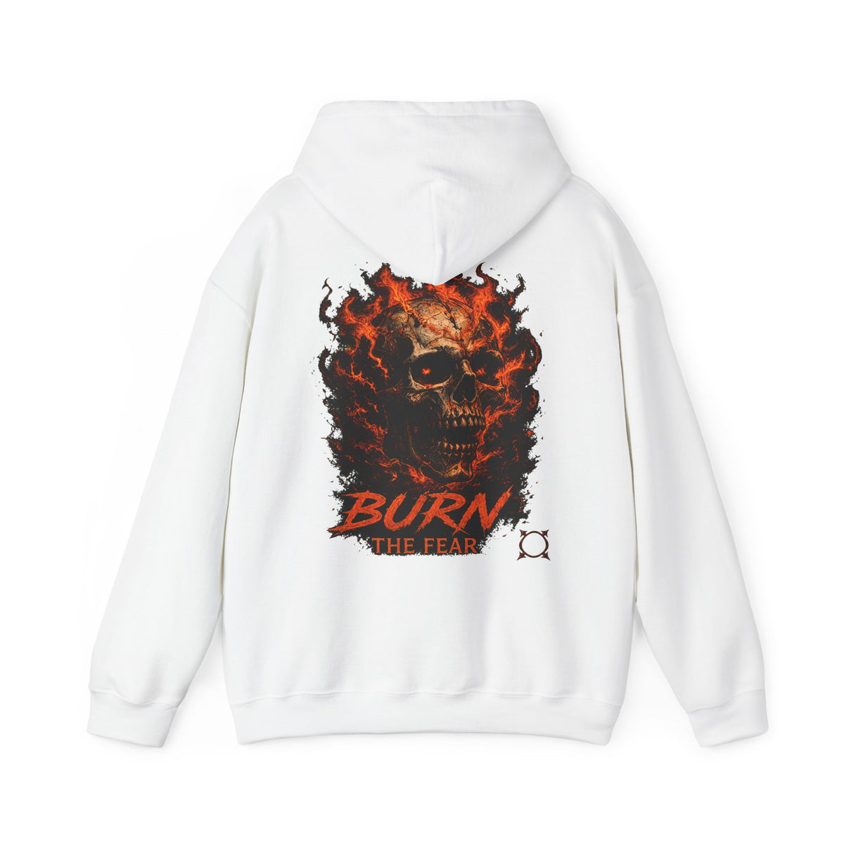 Burn the Fear Flaming Skull Hoodie in White — back view