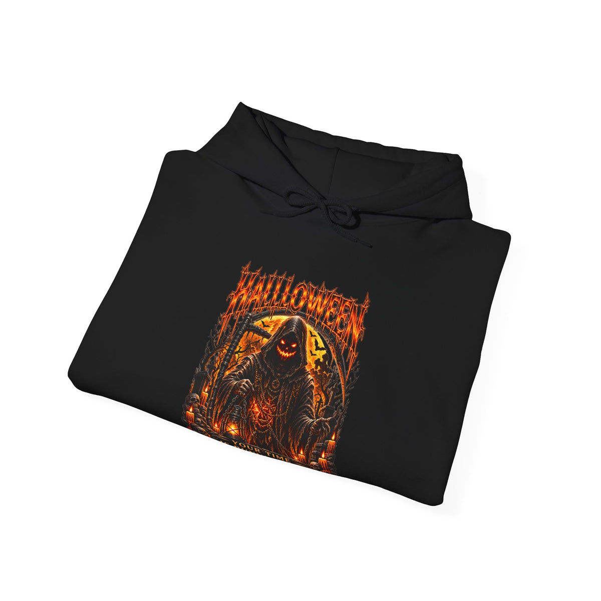 Time Is Running Out Grim Reaper Hoodie in Black — folded view