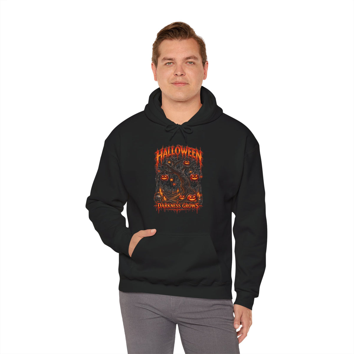 Darkness Grows Pumpkin Tree Hoodie in Black — model view