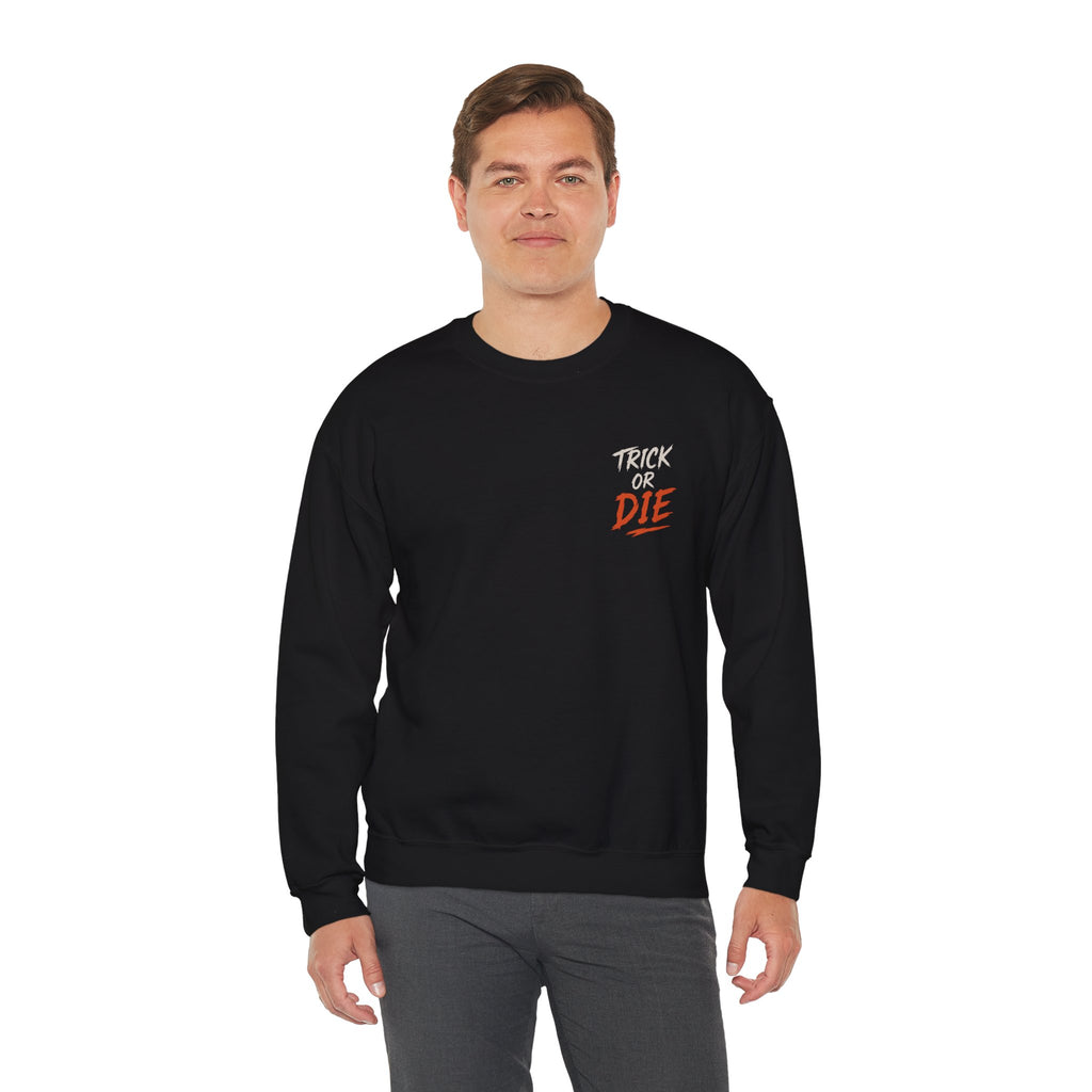Trick or Die Halloween Sweatshirt in Black — model view