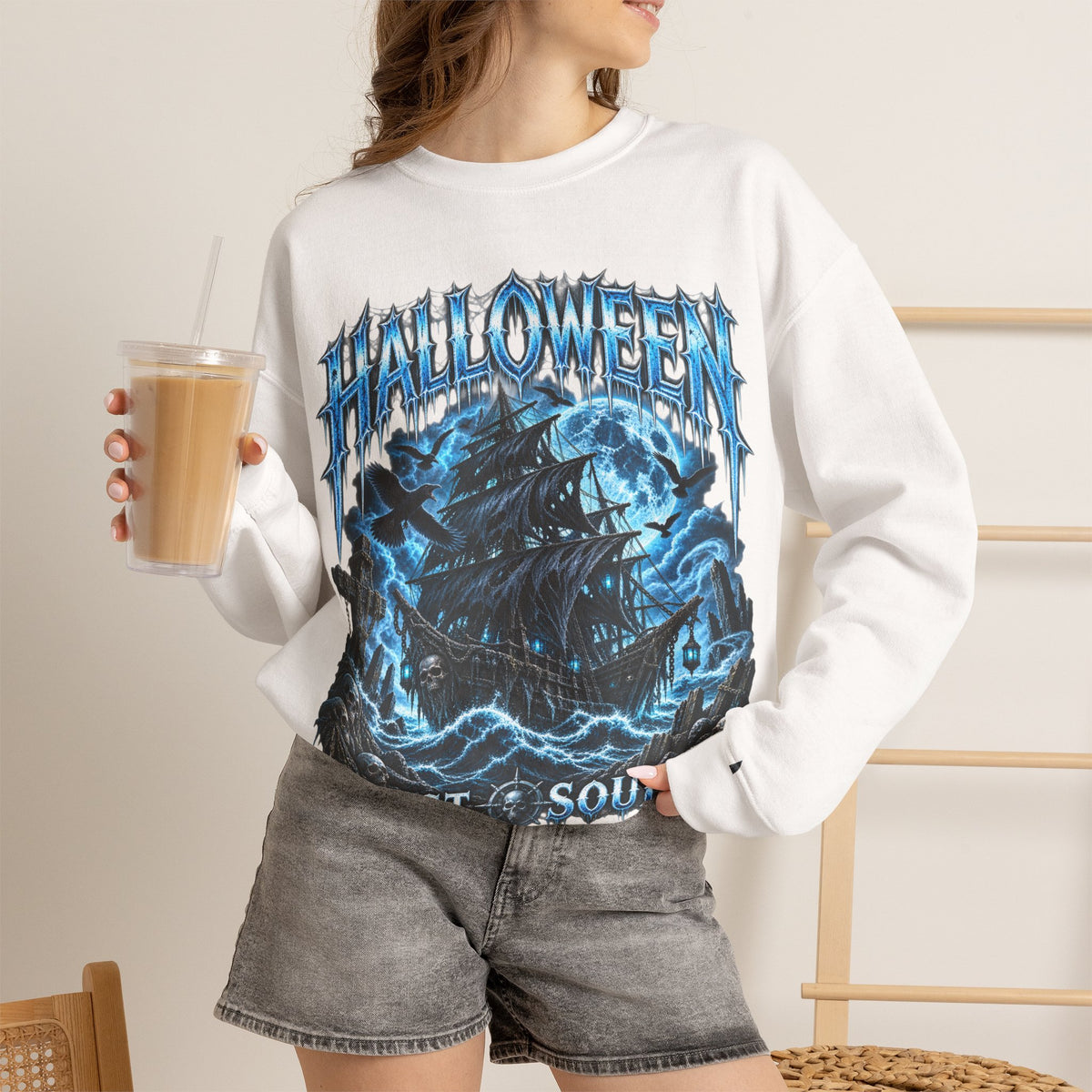 Lost Souls Ghost Ship Sweatshirt in White — model view