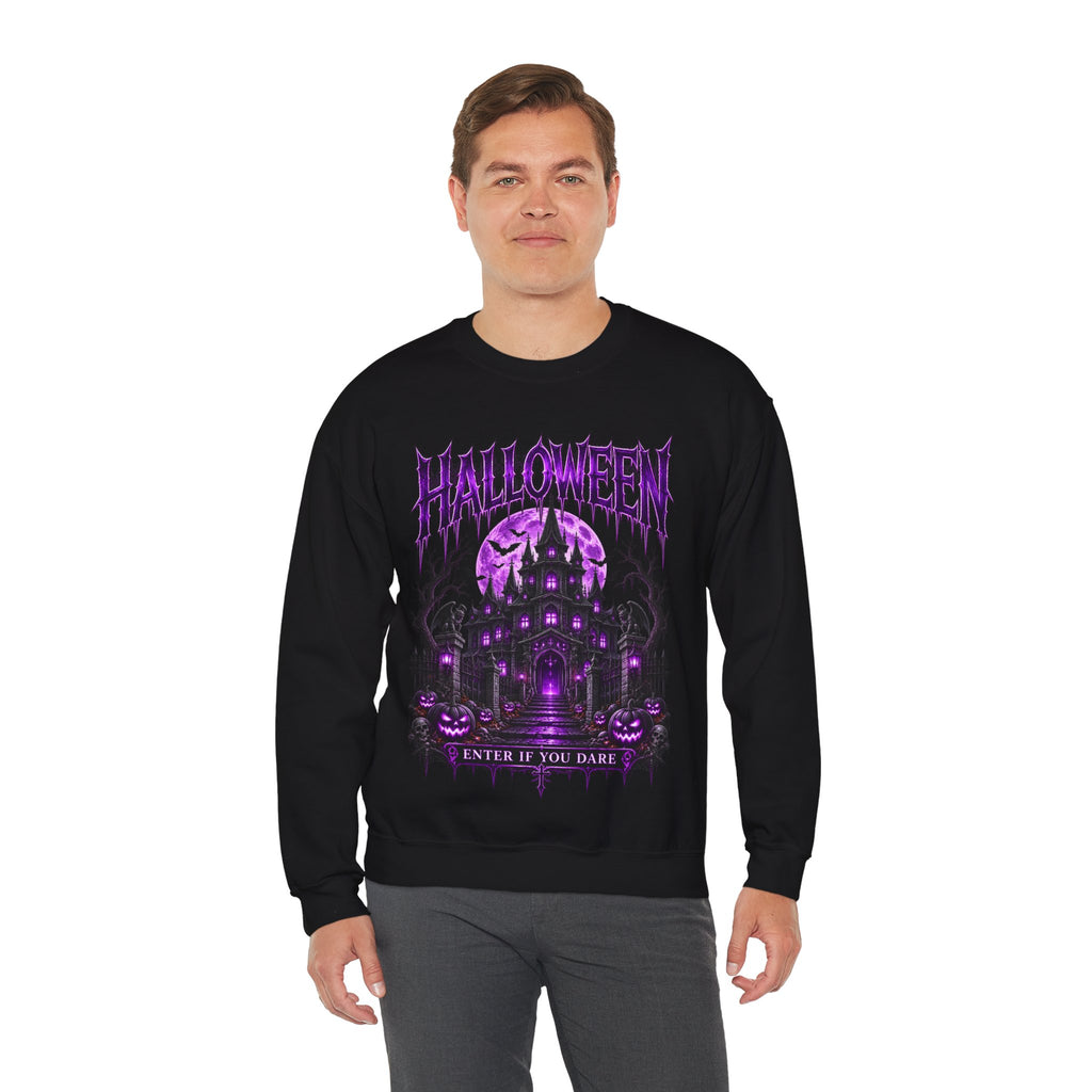 Enter If You Dare Haunted House Sweatshirt in Black — model view