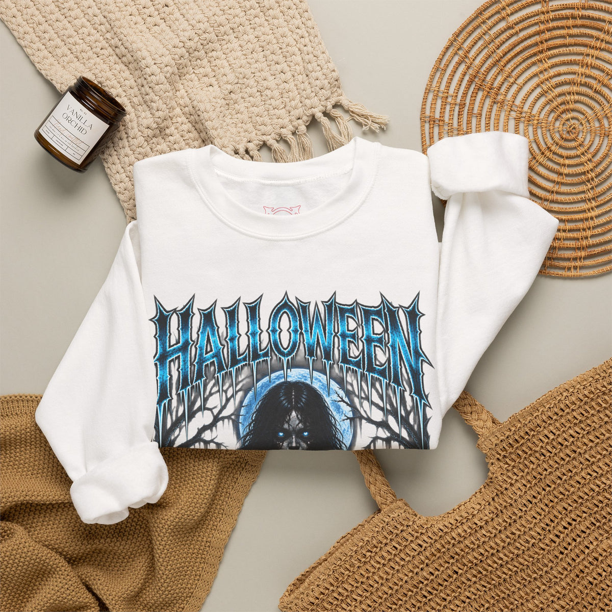 She Never Left Ghost Sweatshirt in White — folded view