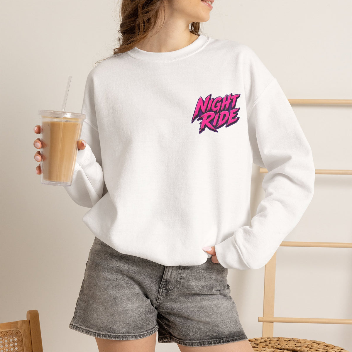 Night Ride Motorcycle Sweatshirt in White — model view