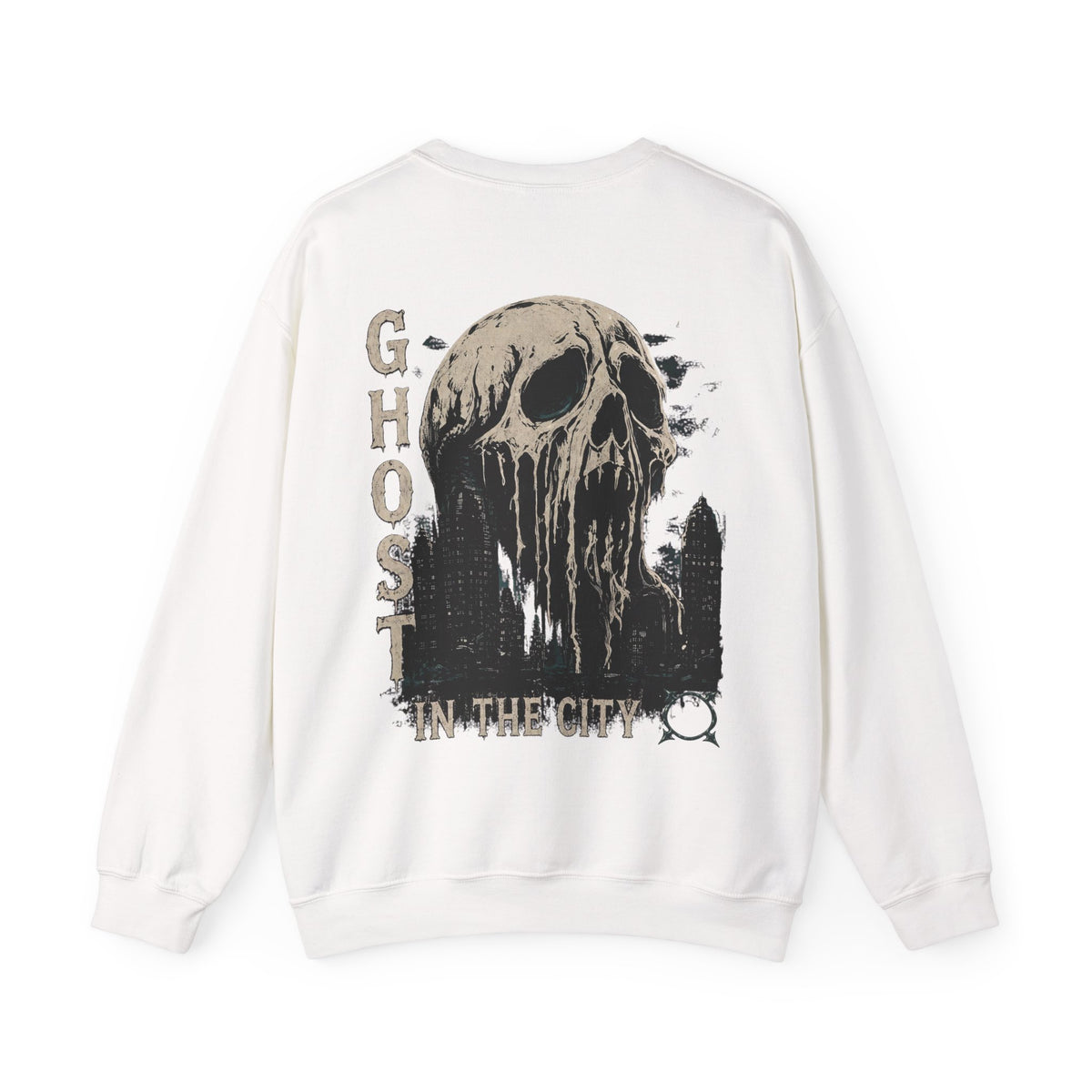 Ghost in the City Skull Sweatshirt in White — back view