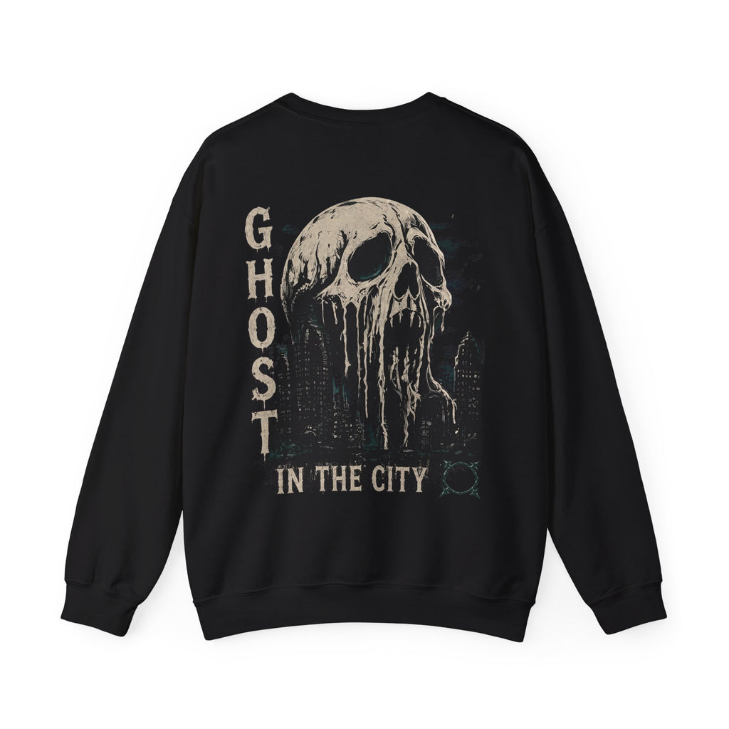 Ghost in the City Skull Sweatshirt in Black — back view