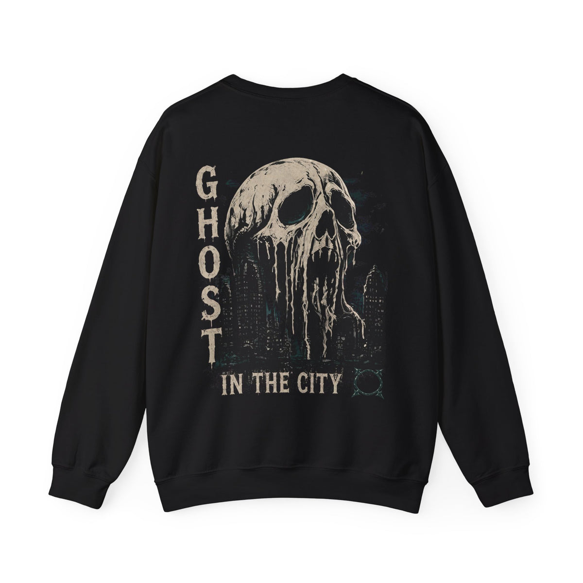 Ghost in the City Skull Sweatshirt in Black — back view