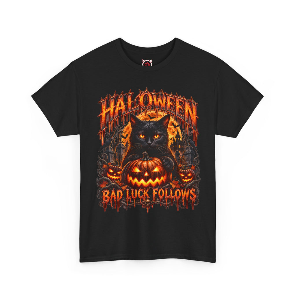 Bad Luck Follows Black Cat T-Shirt in Black — front view