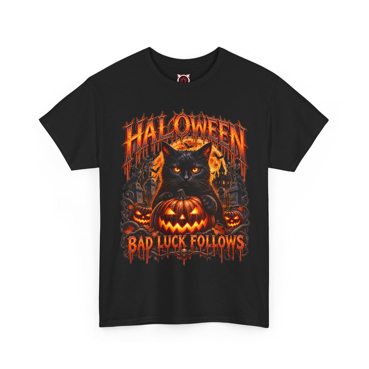 Bad Luck Follows Black Cat T-Shirt in Black — front view