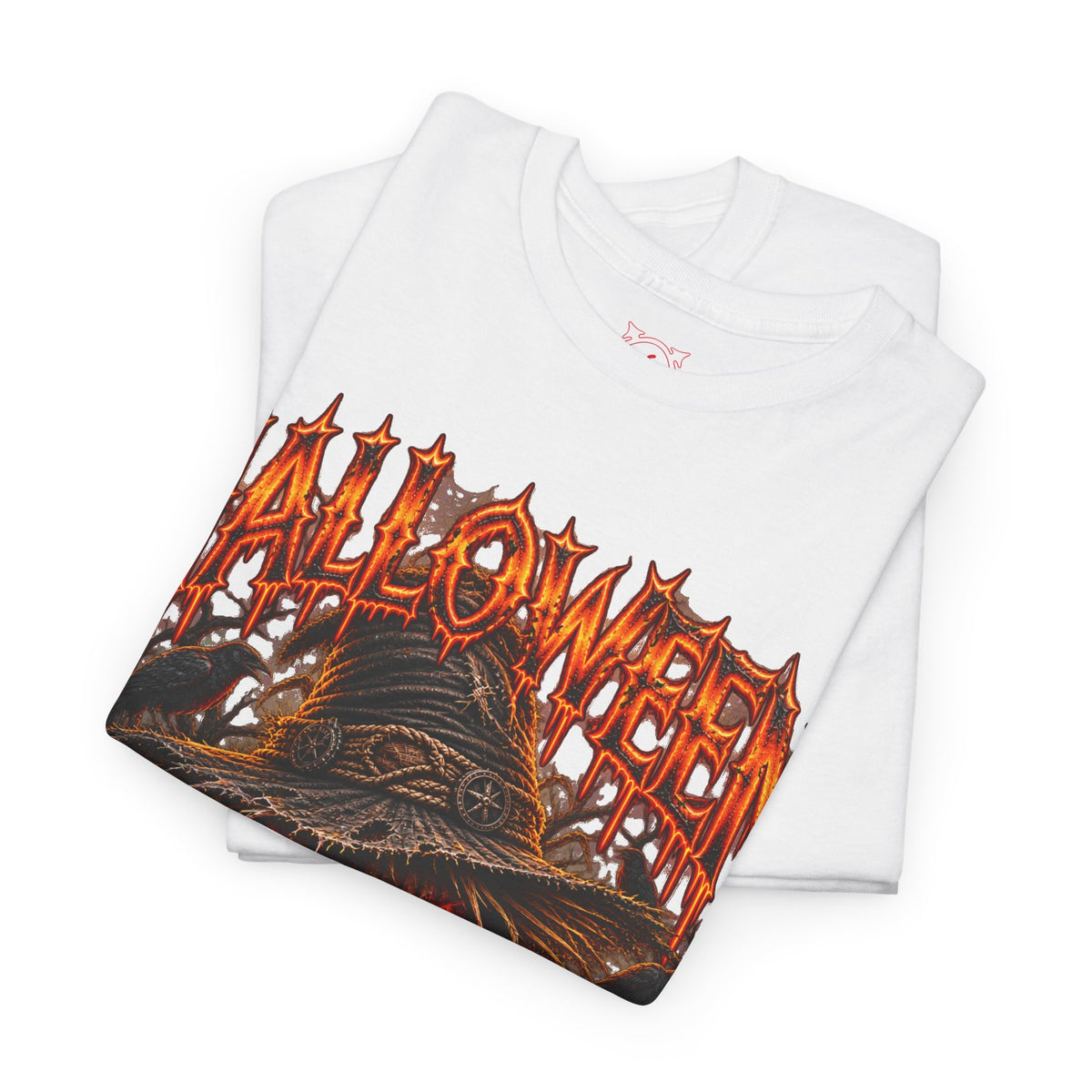 Trick or Treat Pumpkin Scarecrow T-Shirt in White — folded view