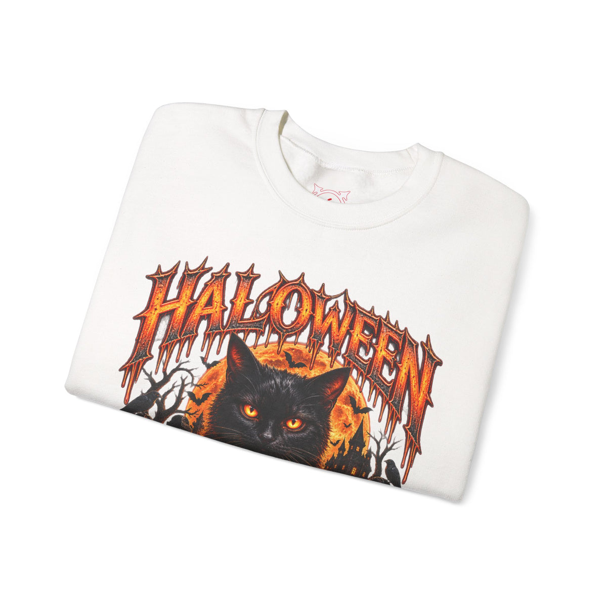 Bad Luck Follows Black Cat Sweatshirt in White — folded view