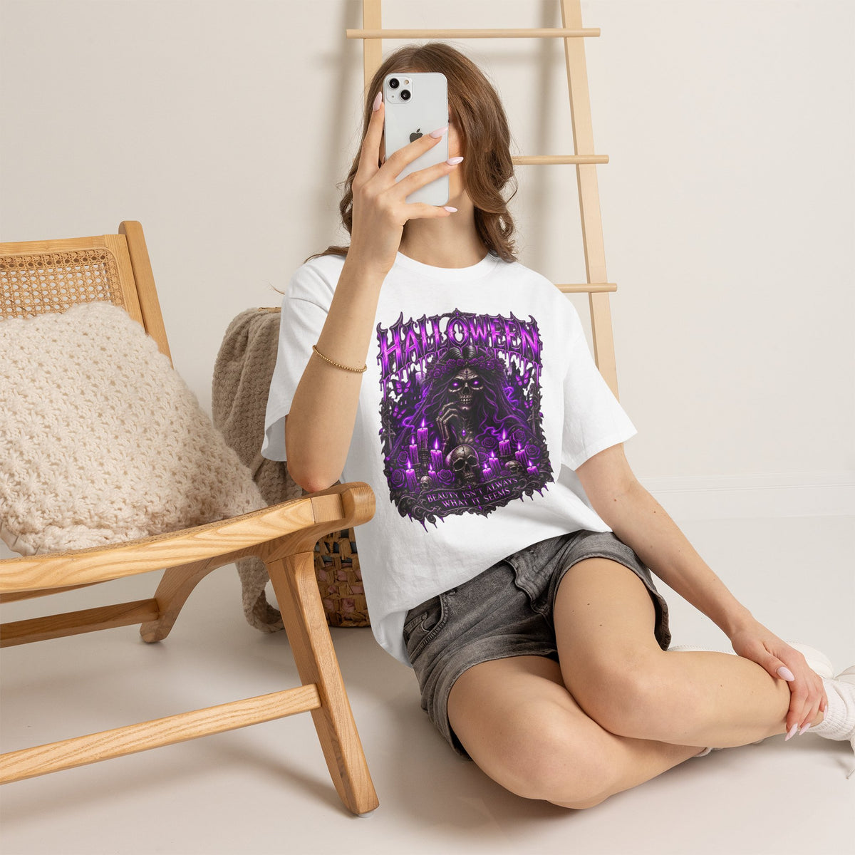 Beautiful Deception Skeleton T-Shirt in White — model view