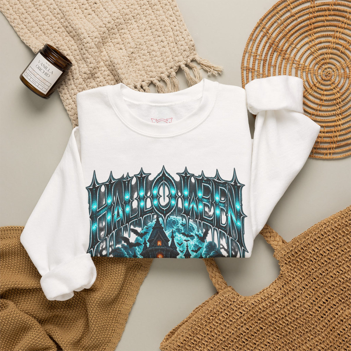 Midnight Manor Haunted House Sweatshirt in White — folded view