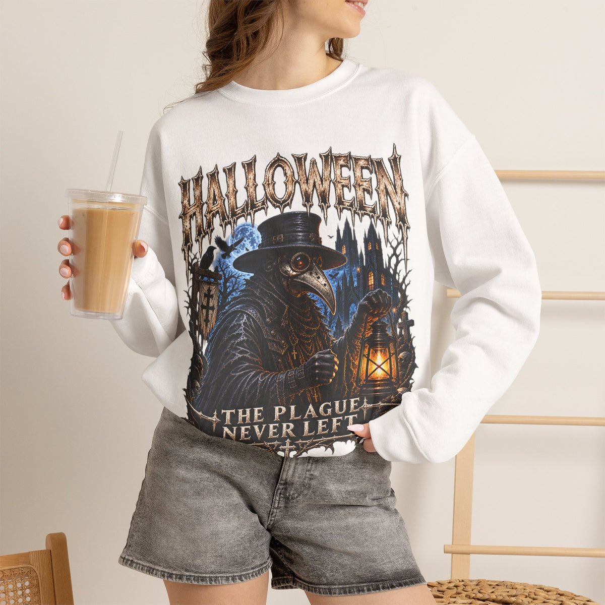 Plague Watch Plague Doctor Sweatshirt in White — model view