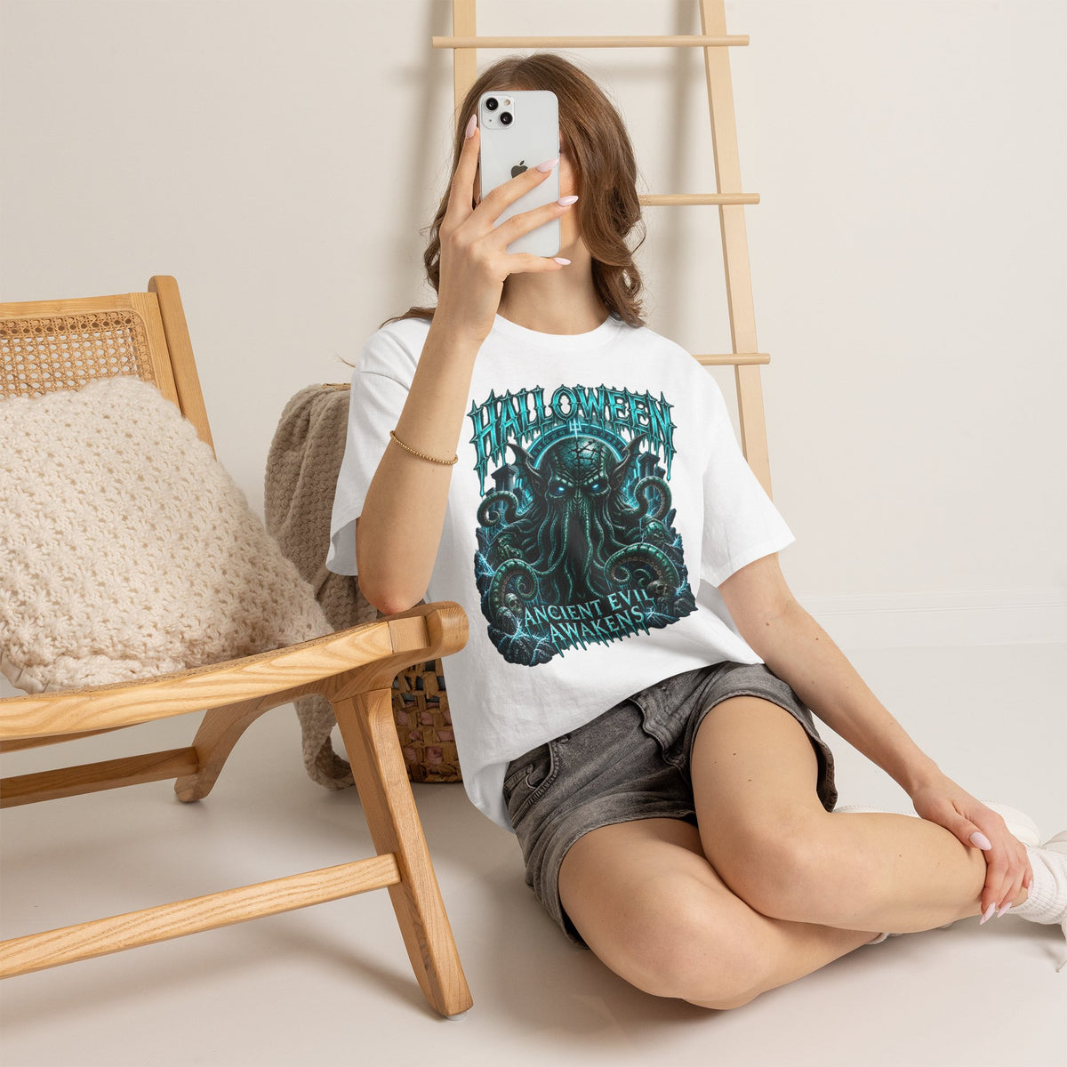 Ancient Awakening Tentacle Creature T-Shirt in White — model view