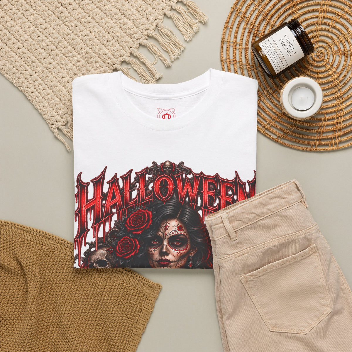 Beauty of the Dead Gothic Portrait T-Shirt in White — folded view