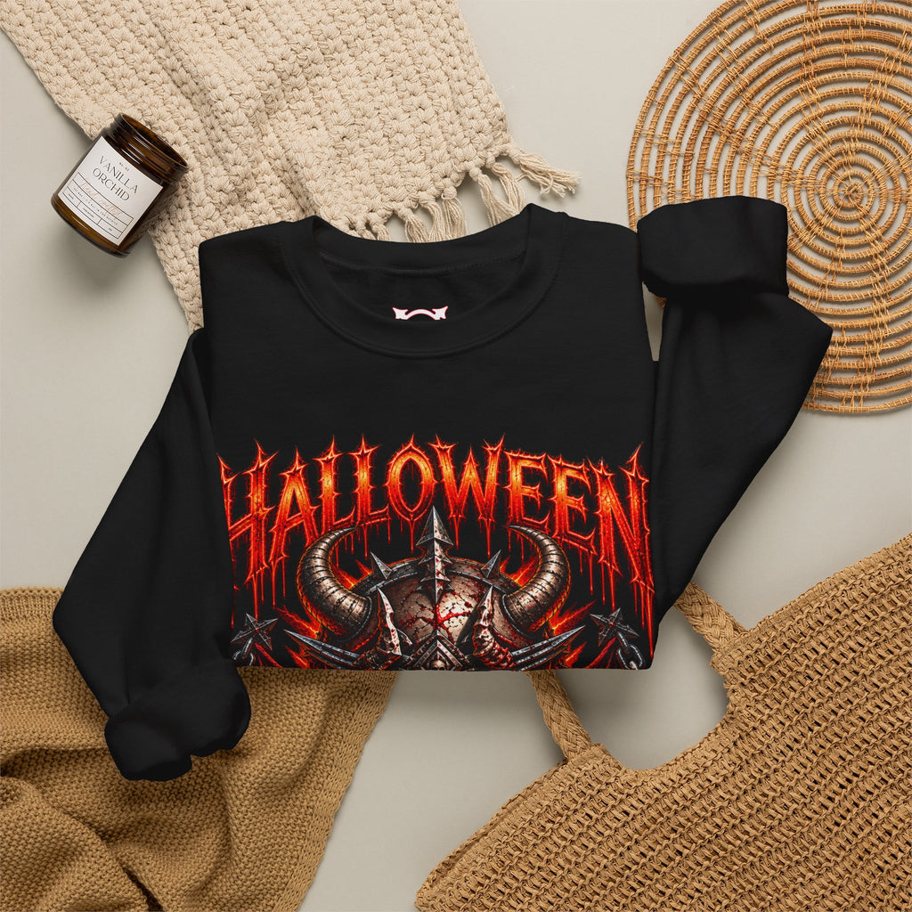 Hell Is Coming Horned Skull Sweatshirt in Black — folded view