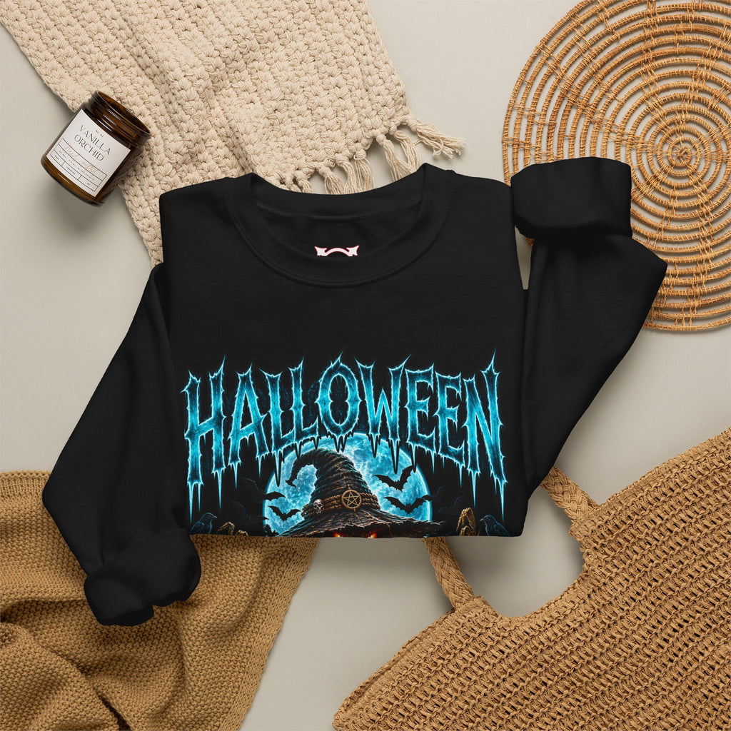 The Fields Are Watching Scarecrow Sweatshirt in Black — folded view