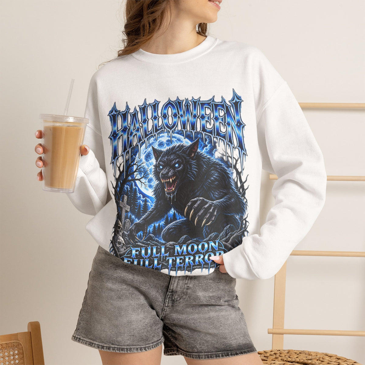 Full Moon Terror Werewolf Sweatshirt in White — model view
