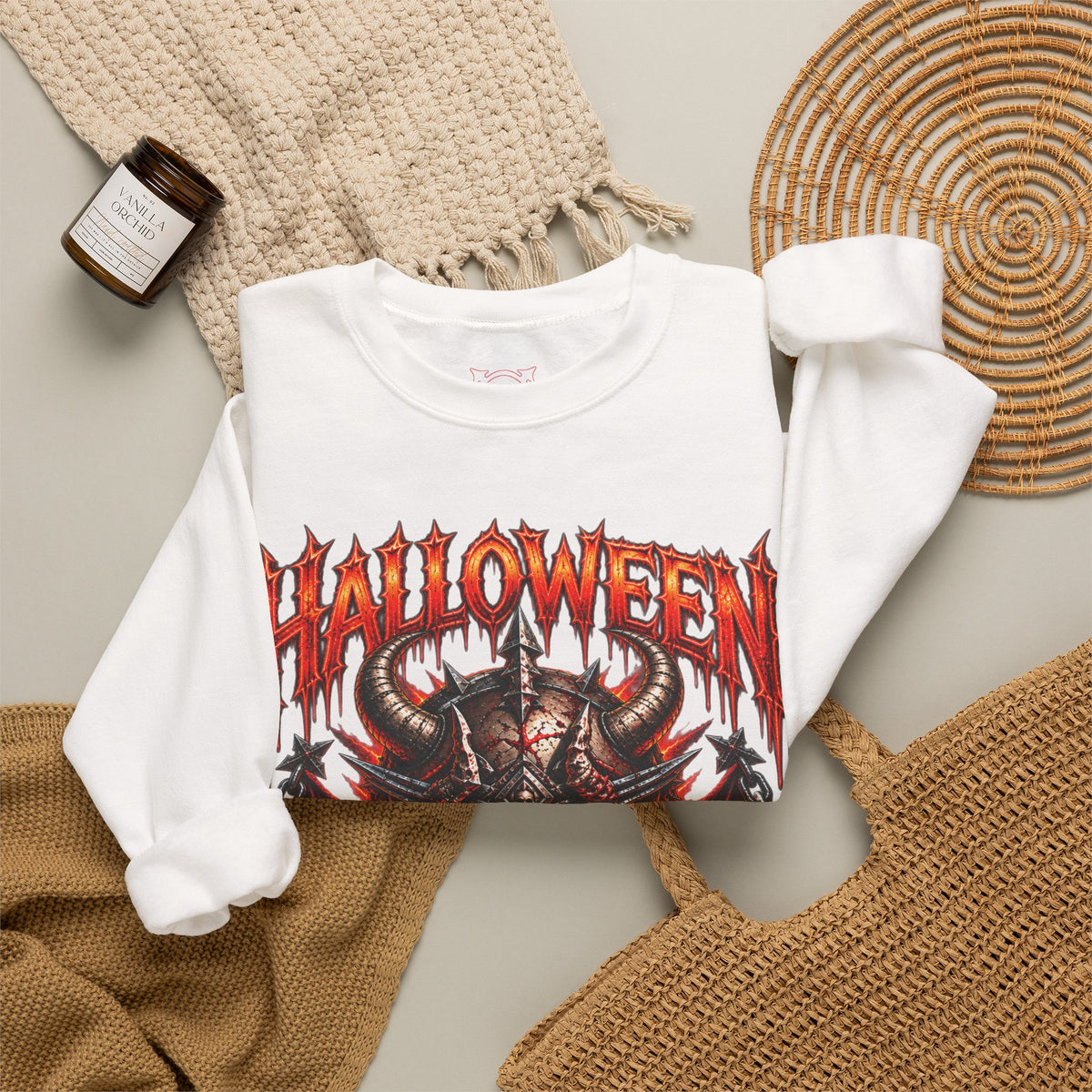 Hell Is Coming Horned Skull Sweatshirt in White — folded view