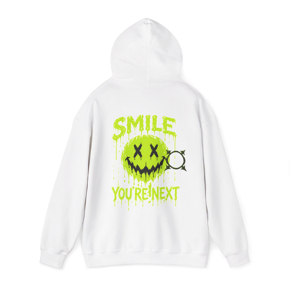 You Are Next Creepy Smiley Hoodie in White — back view