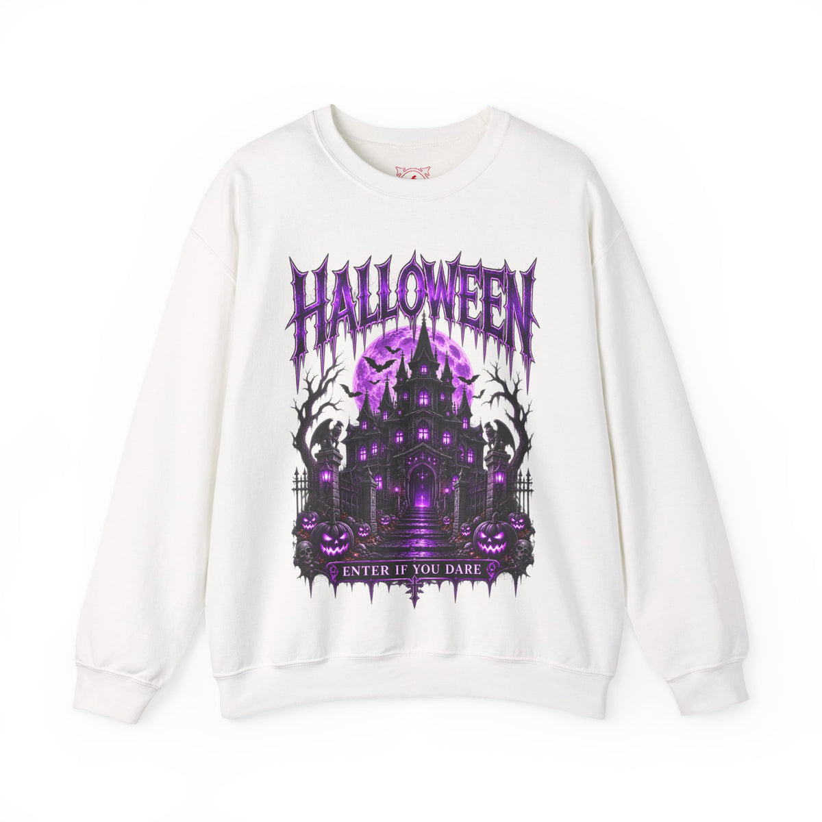 Enter If You Dare Haunted House Sweatshirt in White — front view