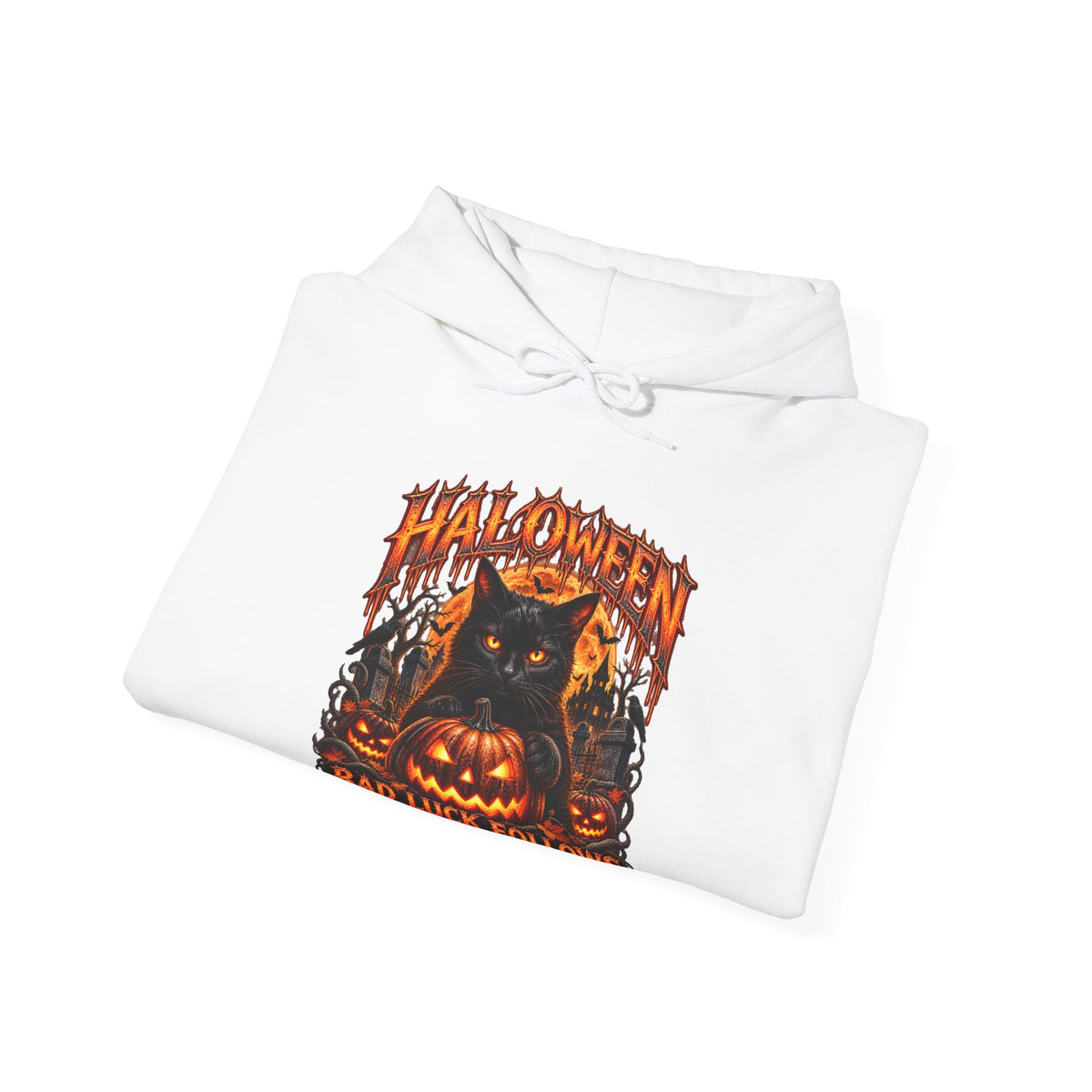 Bad Luck Follows Black Cat Hoodie in White — folded view